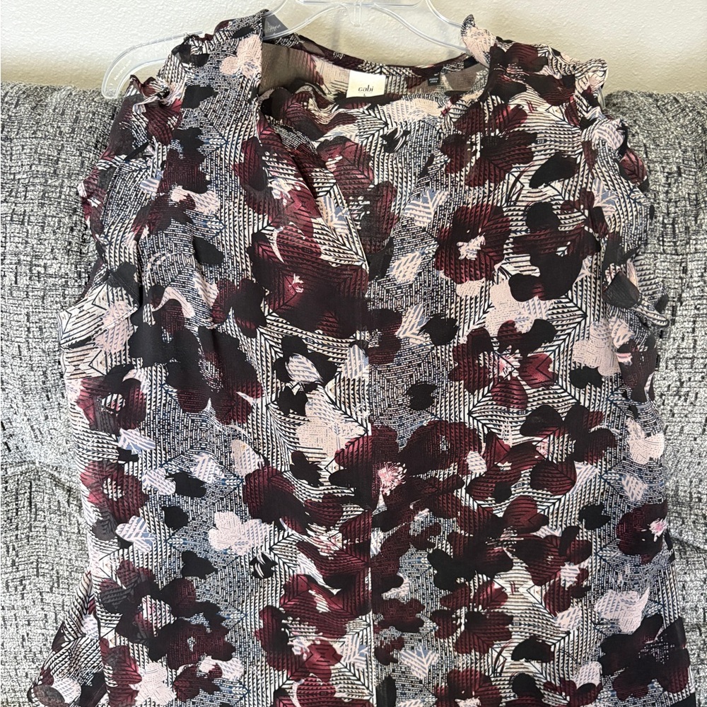CAbi Red and Gray Ruffled Sleeveless Blouse with removeable built in black Cami